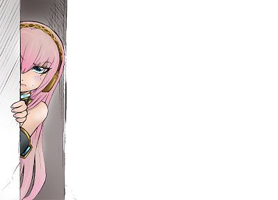 headphones, Vocaloid, blue eyes, Megurine Luka, pink hair, simple background, armbands - random desktop wallpaper