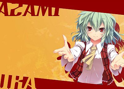 Touhou, red eyes, green hair, smiling, Kazami Yuuka, anime girls - random desktop wallpaper