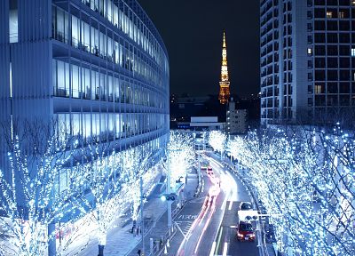 Japan, trees, cityscapes, night, lights, architecture, Asia, Tokyo Tower - random desktop wallpaper