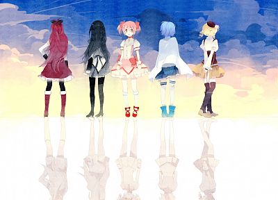 clouds, Mahou Shoujo Madoka Magica, Miki Sayaka, Sakura Kyouko, Tomoe Mami, Kaname Madoka, anime, Akemi Homura, anime girls - random desktop wallpaper
