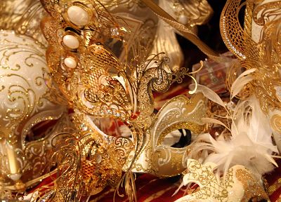 golden, feathers, masks, glitter, Venetian masks - desktop wallpaper
