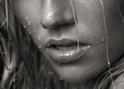 close-up, wet, lips, grayscale, monochrome, macro, noses, faces, Juliane Raschke - desktop wallpaper