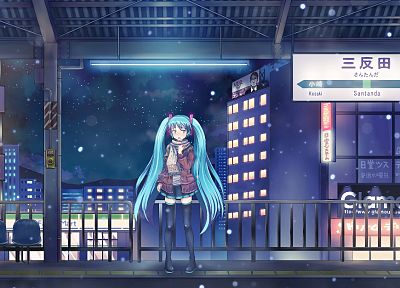 women, Vocaloid, Hatsune Miku, twintails, snowing, sweaters - related desktop wallpaper