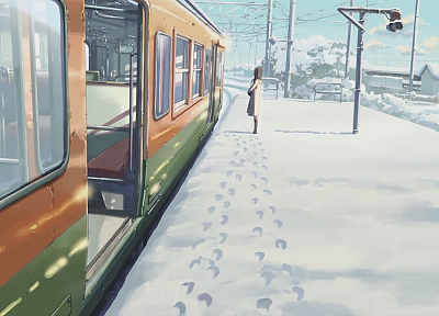 trains, Makoto Shinkai, 5 Centimeters Per Second, artwork, vehicles, snow landscapes, footprint - desktop wallpaper