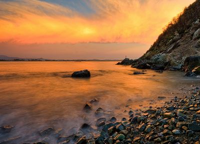 sunset, rocks, sea, beaches - related desktop wallpaper