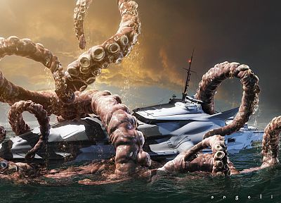 monsters, ships, Kraken - desktop wallpaper
