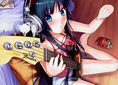 headphones, K-ON!, blue eyes, guitars, Akiyama Mio, shorts, anime girls, guitarists, guitar picks - random desktop wallpaper