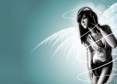 headphones, angels, women, wings, music, cleavage, Aleksandra Wydrych, blue background - random desktop wallpaper