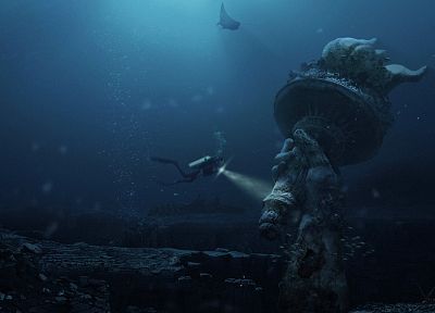 ocean, post-apocalyptic, diver, fish, Statue of Liberty, fantasy art, underwater, torch - related desktop wallpaper