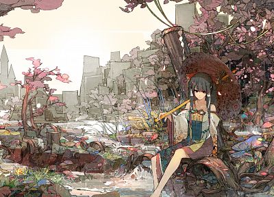 Touhou, forests, Hakurei Reimu, anime, umbrellas, anime girls, detached sleeves - related desktop wallpaper