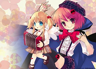 blondes, blue eyes, ribbons, pink hair, pink eyes, hats, anime girls, accordion, puppets - related desktop wallpaper