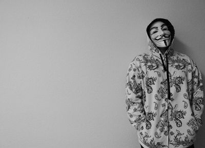 Anonymous, masks, Guy Fawkes, monochrome - desktop wallpaper