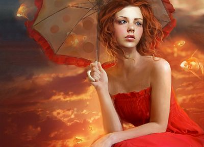 women, orange, redheads, fish, surreal, goldfish, fantasy art, red dress, artwork, umbrellas, Marta Dahlig - random desktop wallpaper