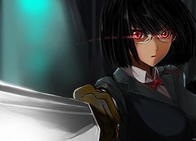 glasses, weapons, red eyes, Durarara!!, Sonohara Anri, meganekko, anime girls, swords, black hair - random desktop wallpaper