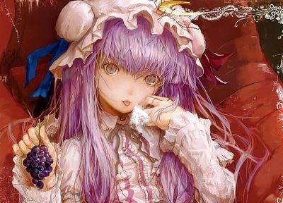 video games, Touhou, fruits, food, Moon, long hair, ribbons, tongue, grapes, purple hair, Fuyuno Haruaki, chairs, sitting, Knowledge Patchouli, pink eyes, Patchouli Knowledge, hats, hair bun, witches - random desktop wallpaper