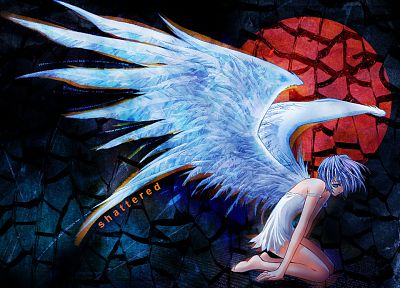 angels, wings, blue eyes, Carnelian, blue hair - random desktop wallpaper