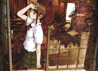 school uniforms, Serial Experiments Lain, Iwakura Lain, anime, anime girls, spider webs - desktop wallpaper