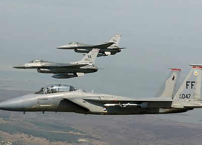 aircraft, military, F-15 Eagle, F-16 Fighting Falcon - random desktop wallpaper
