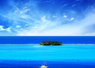 blue, ocean, clouds, landscapes, nature, ships, islands, skyscapes - desktop wallpaper