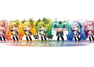 Vocaloid, Hatsune Miku, chibi, rainbows, anime, simple background, detached sleeves - random desktop wallpaper