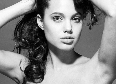 Angelina Jolie, monochrome, greyscale - random desktop wallpaper