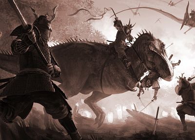 dinosaurs, samurai, drawings, Tyrannosaurus Rex - related desktop wallpaper