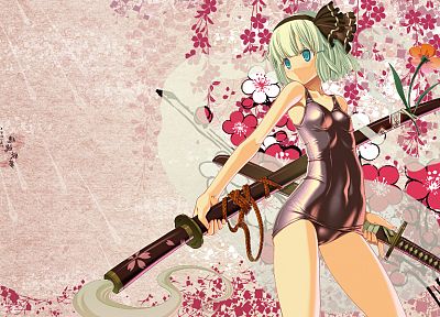 video games, Touhou, weapons, Konpaku Youmu, school swimsuits, Sakuya Tsuitachi (Artist) - related desktop wallpaper