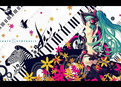 women, tails, Vocaloid, gloves, flowers, Hatsune Miku, keyboards, long hair, green eyes, high heels, zebras, green hair, twintails, Miku Append, Vocaloid Append - desktop wallpaper