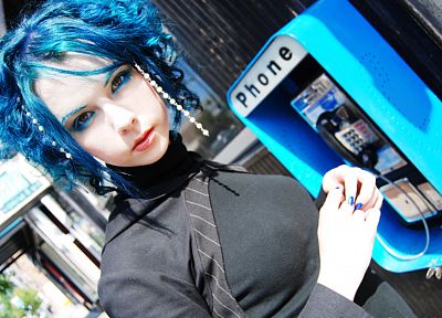 women, cosplay, blue hair, phone booth - related desktop wallpaper