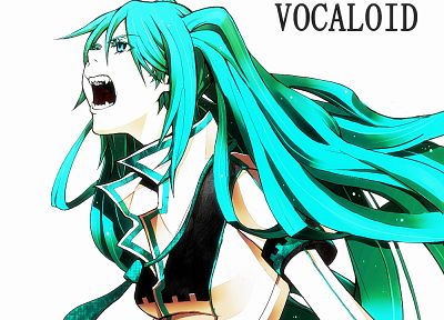 Vocaloid, Hatsune Miku, tie, long hair, twintails, teeth, open mouth, fangs, aqua eyes, aqua hair, simple background - related desktop wallpaper