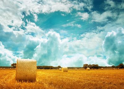 clouds, fields, hay, farms, skyscapes - random desktop wallpaper