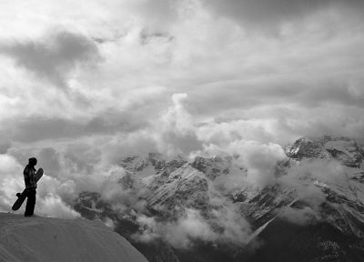 black and white, mountains, snow, snowboarding - duplicate desktop wallpaper