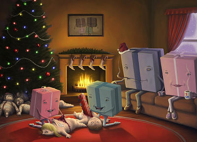 dead, Christmas, disturbing, artwork, Christmas gifts, children, fireplaces - random desktop wallpaper