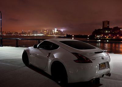 cityscapes, night, cars, Nissan, vehicles, Nissan 370Z, white cars - related desktop wallpaper