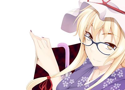 blondes, Touhou, glasses, red eyes, Yakumo Yukari, simple background, anime girls - random desktop wallpaper