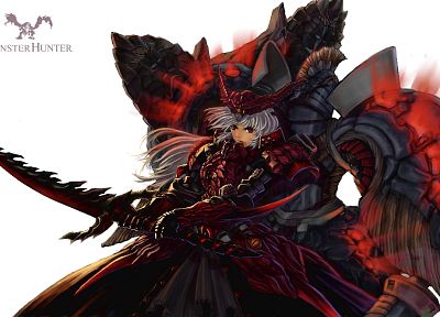 fantasy, video games, weapons, Monster Hunter, armor, red eyes, artwork, anime girls, swords - related desktop wallpaper
