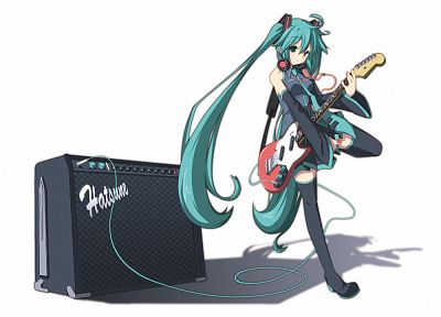 Vocaloid, Hatsune Miku, guitars, simple background, anime girls, detached sleeves - random desktop wallpaper