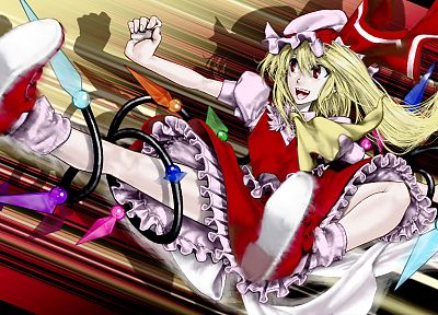 blondes, Touhou, wings, long hair, red eyes, smiling, open mouth, ponytails, action, Flandre Scarlet, hats, vampire - related desktop wallpaper