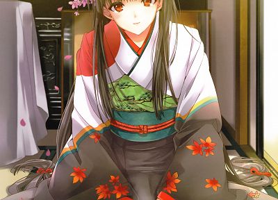 dress, flowers, long hair, red eyes, anime, yukata, Japanese clothes, anime girls - desktop wallpaper