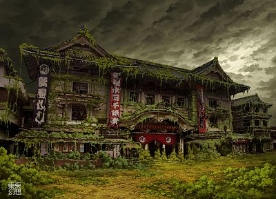 Tokyo, ruins, post-apocalyptic, buildings, artwork, overcast, Asian architecture, Ivy, theatre, abandoned, banners, TokyoGenso - random desktop wallpaper