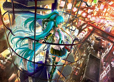 cityscapes, Vocaloid, Hatsune Miku, tie, skirts, buildings, anime girls, detached sleeves - related desktop wallpaper