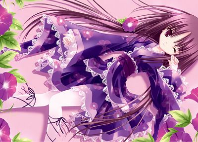 flowers, long hair, purple hair, lolicon, purple eyes, wink, lolita fashion, Tinkle Illustrations, Japanese clothes - related desktop wallpaper