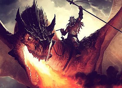 wings, dragons, fire, Magic: The Gathering, magic, artwork, spears, Jason Chan, Kargan Dragonlord - random desktop wallpaper