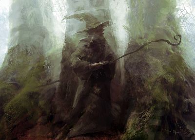 wizard, Gandalf, woods, The Lord of the Rings, fantasy art, staff - related desktop wallpaper