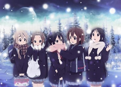 snow, Hirasawa Yui, Akiyama Mio, Tainaka Ritsu, Kotobuki Tsumugi, Nakano Azusa, anime - related desktop wallpaper