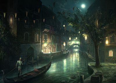 video games, cityscapes, Moon, ships, artwork, Assassins Creed 2, rivers, gondolas - desktop wallpaper
