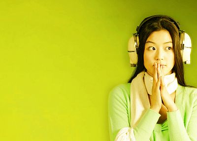 headphones, women, Asians, simple background, green background - desktop wallpaper