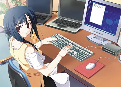 computers, keyboards, short hair, big eyes, desks, mice, anime girls, notebook - related desktop wallpaper
