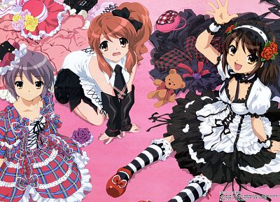 Asahina Mikuru, Nagato Yuki, The Melancholy of Haruhi Suzumiya, Suzumiya Haruhi, knee socks, striped legwear - random desktop wallpaper