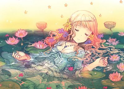 flowers, pink hair, anime girls, lotus flower - related desktop wallpaper